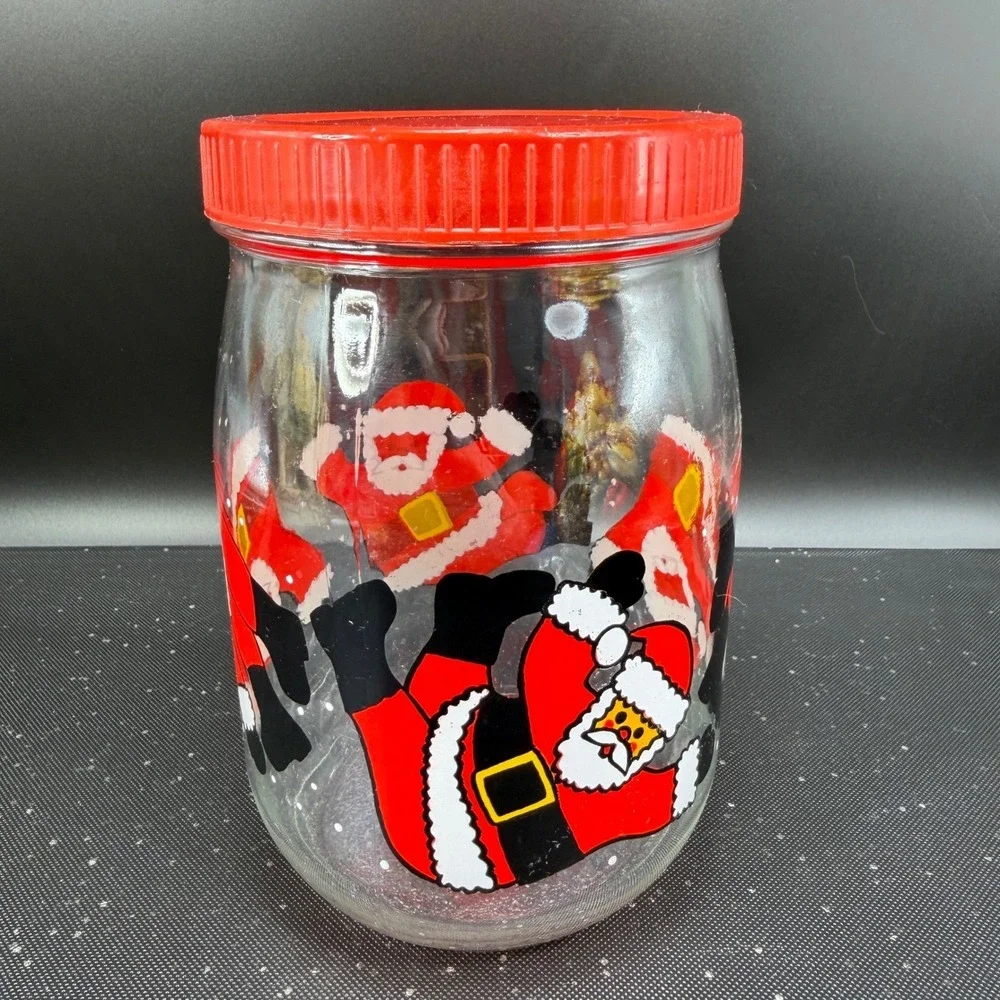 Vintage Santa Claus Glass Cookie Jar Made‎ in France Red Lid Christmas Canister